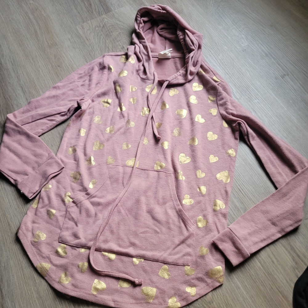 Self Esteem Hoodie Women Large Pink Gold Heart Print Pullover Casual Lightweight